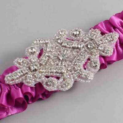 Garden Rose Satin Wedding Garter / Solid Pink Wedding Garters / Heather # (183-183)-01-A07-Silver