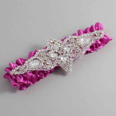 Garden Rose Satin Wedding Garter / Solid Pink Wedding Garters / Lorine # (183-183)-01-A09-Silver