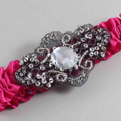 Azalea Satin with Black Wedding Garter / Pink Wedding Garters / Bijou # (187-187)-01-A02-Black