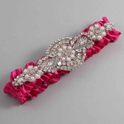 Azalea Satin Wedding Garter / Solid Pink Wedding Garters / Charlotte # (187-187)-01-A06-Silver