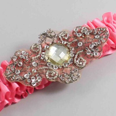 Coral Rose Satin with Brown Wedding Garter / Pink Wedding Garters / Bijou # (210-210)-01-A01-Antique