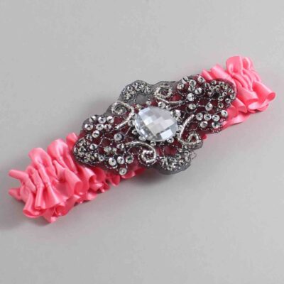 Coral Rose Satin with Black Wedding Garter / Pink Wedding Garters / Bijou # (210-210)-01-A02-Black