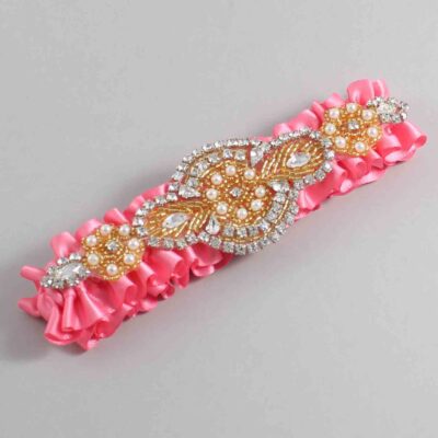 Coral Rose Satin with Gold Wedding Garter / Pink Wedding Garters / Charlotte # (210-210)-01-A05-Gold