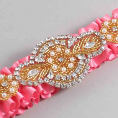 Coral Rose Satin with Gold Wedding Garter / Pink Wedding Garters / Charlotte # (210-210)-01-A05-Gold