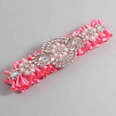 Coral Rose Satin Wedding Garter / Solid Pink Wedding Garters / Charlotte # (210-210)-01-A06-Silver