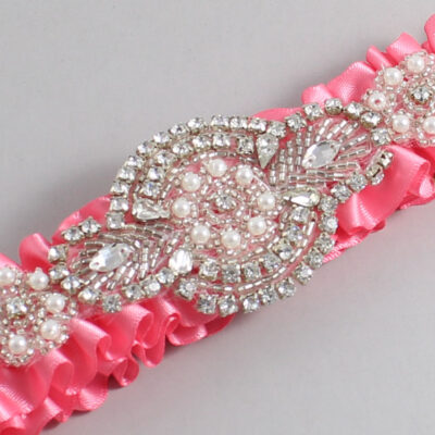 Coral Rose Satin Wedding Garter / Solid Pink Wedding Garters / Charlotte # (210-210)-01-A06-Silver