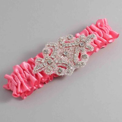 Coral Rose Satin Wedding Garter / Solid Pink Wedding Garters / Heather # (210-210)-01-A07-Silver