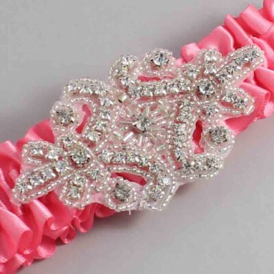 Coral Rose Satin Wedding Garter / Solid Pink Wedding Garters / Heather # (210-210)-01-A07-Silver