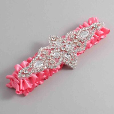 Coral Rose Satin Wedding Garter / Solid Pink Wedding Garters / Lorine # (210-210)-01-A09-Silver