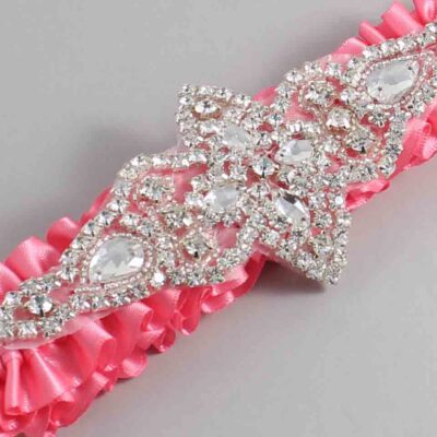 Coral Rose Satin Wedding Garter / Solid Pink Wedding Garters / Lorine # (210-210)-01-A09-Silver