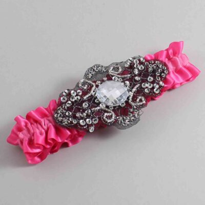 Fuchsia Satin with Black Wedding Garter / Pink Wedding Garters / Bijou # (233-233)-01-A02-Black