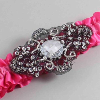 Fuchsia Satin with Black Wedding Garter / Pink Wedding Garters / Bijou # (233-233)-01-A02-Black