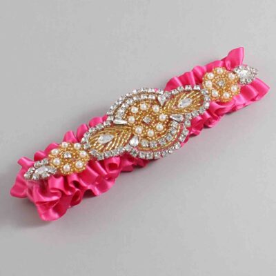 Fuchsia Satin with Gold Wedding Garter / Pink Wedding Garters / Charlotte # (233-233)-01-A05-Gold