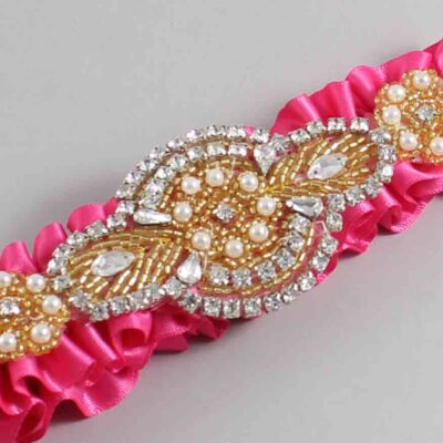 Fuchsia Satin with Gold Wedding Garter / Pink Wedding Garters / Charlotte # (233-233)-01-A05-Gold