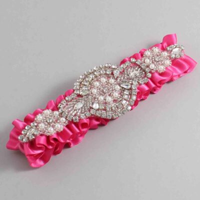 Fuchsia Satin Wedding Garter / Solid Pink Wedding Garters / Charlotte # (233-233)-01-A06-Silver