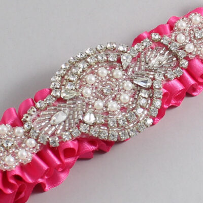 Fuchsia Satin Wedding Garter / Solid Pink Wedding Garters / Charlotte # (233-233)-01-A06-Silver