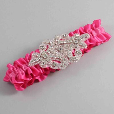 Fuchsia Satin Wedding Garter / Solid Pink Wedding Garters / Heather # (233-233)-01-A07-Silver