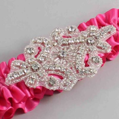 Fuchsia Satin Wedding Garter / Solid Pink Wedding Garters / Heather # (233-233)-01-A07-Silver