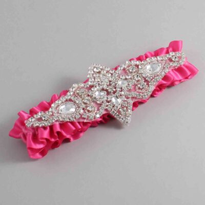 Fuchsia Satin Wedding Garter / Solid Pink Wedding Garters / Lorine # (233-233)-01-A09-Silver