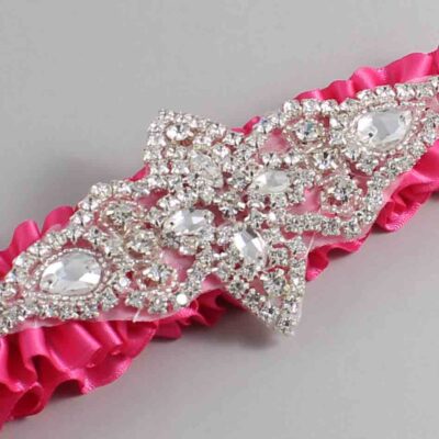 Fuchsia Satin Wedding Garter / Solid Pink Wedding Garters / Lorine # (233-233)-01-A09-Silver