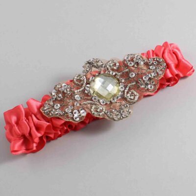 Watermelon Satin with Brown Wedding Garter / Red Wedding Garters / Bijou # (243-243)-01-A01-Antique