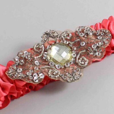 Watermelon Satin with Brown Wedding Garter / Red Wedding Garters / Bijou # (243-243)-01-A01-Antique