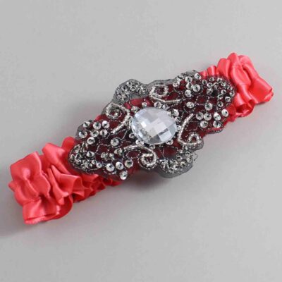 Watermelon Satin with Black Wedding Garter / Red Wedding Garters / Bijou # (243-243)-01-A02-Black
