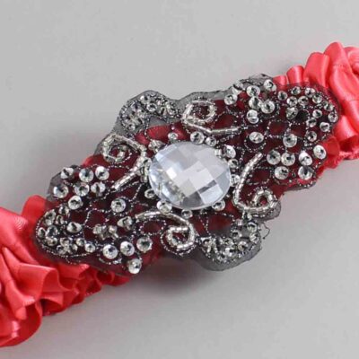 Watermelon Satin with Black Wedding Garter / Red Wedding Garters / Bijou # (243-243)-01-A02-Black