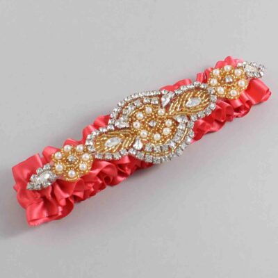 Watermelon Satin with Gold Wedding Garter / Red Wedding Garters / Charlotte # (243-243)-01-A05-Gold