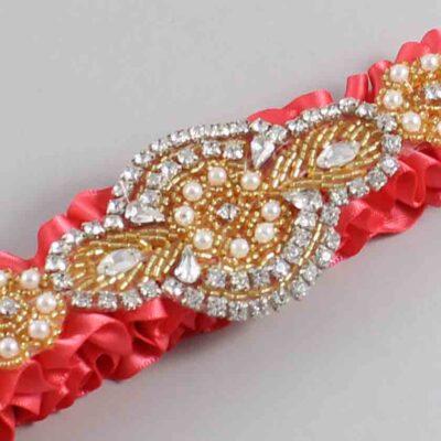 Watermelon Satin with Gold Wedding Garter / Red Wedding Garters / Charlotte # (243-243)-01-A05-Gold