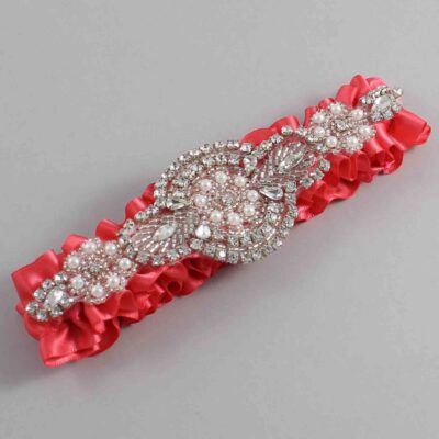 Watermelon Satin Wedding Garter / Solid Red Wedding Garters / Charlotte # (243-243)-01-A06-Silver