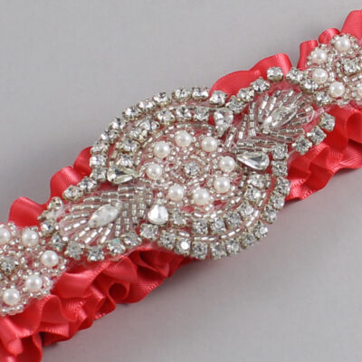 Watermelon Satin Wedding Garter / Solid Red Wedding Garters / Charlotte # (243-243)-01-A06-Silver