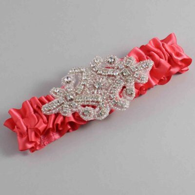Watermelon Satin Wedding Garter / Solid Red Wedding Garters / Heather # (243-243)-01-A07-Silver
