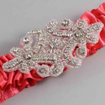 Watermelon Satin Wedding Garter / Solid Red Wedding Garters / Heather # (243-243)-01-A07-Silver