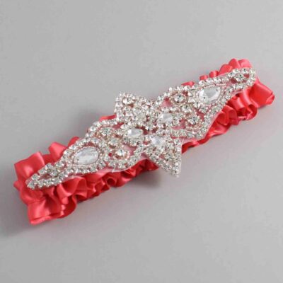 Watermelon Satin Wedding Garter / Solid Red Wedding Garters / Lorine # (243-243)-01-A09-Silver