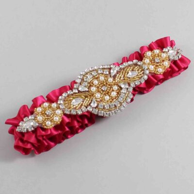 Beauty Satin with Gold Wedding Garter / Pink Wedding Garters / Charlotte # (266-266)-01-A05-Gold