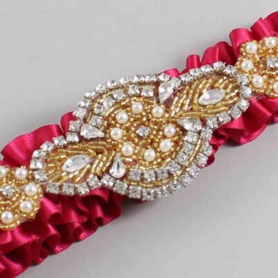 Beauty Satin with Gold Wedding Garter / Pink Wedding Garters / Charlotte # (266-266)-01-A05-Gold