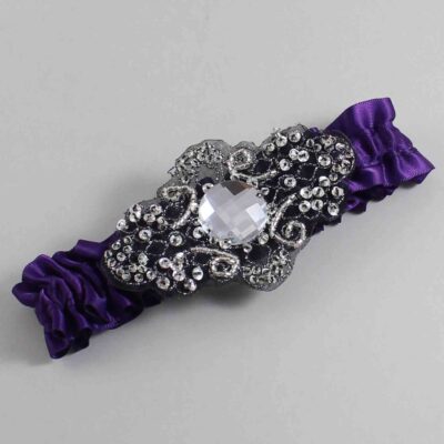 Plum Satin with Black Wedding Garter / Purple Wedding Garters / Bijou # (285-285)-01-A02-Black