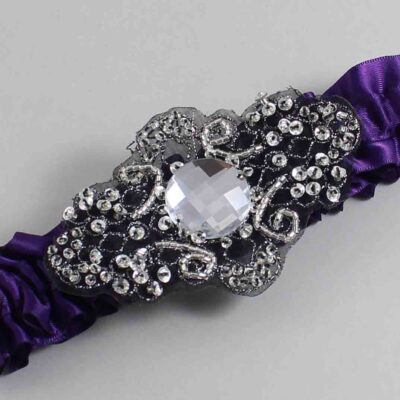 Plum Satin with Black Wedding Garter / Purple Wedding Garters / Bijou # (285-285)-01-A02-Black
