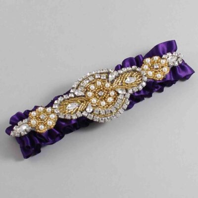 Plum Satin with Gold Wedding Garter / Purple Wedding Garters / Charlotte # (285-285)-01-A05-Gold