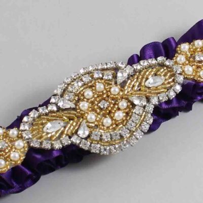 Plum Satin with Gold Wedding Garter / Purple Wedding Garters / Charlotte # (285-285)-01-A05-Gold