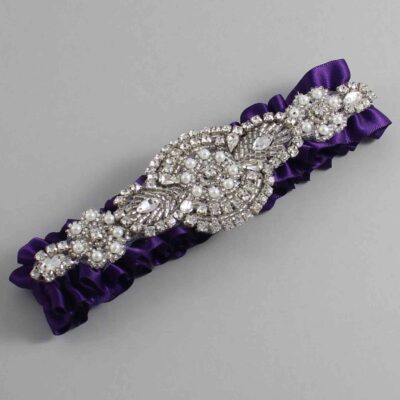 Plum Satin Wedding Garter / Solid Purple Wedding Garters / Charlotte # (285-285)-01-A06-Silver