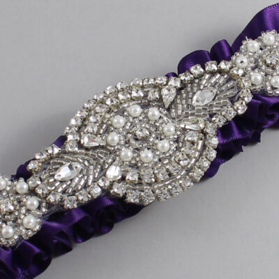 Plum Satin Wedding Garter / Solid Purple Wedding Garters / Charlotte # (285-285)-01-A06-Silver