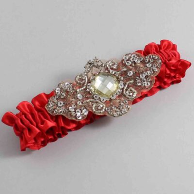 Red Satin with Brown Wedding Garter / Red Wedding Garters / Bijou # (299-299)-01-A01-Antique