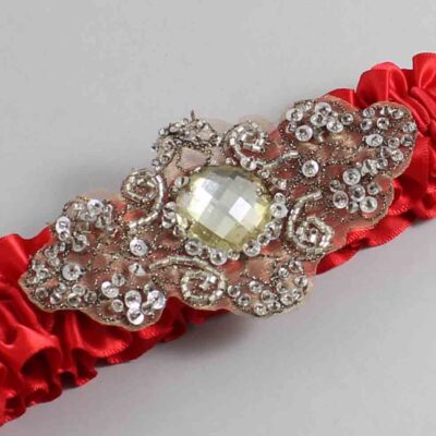 Red Satin with Brown Wedding Garter / Red Wedding Garters / Bijou # (299-299)-01-A01-Antique