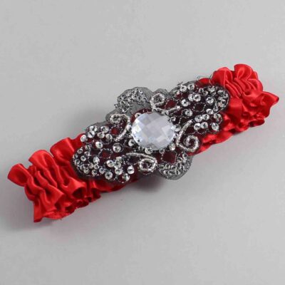 Red Satin with Black Wedding Garter / Red Wedding Garters / Bijou # (299-299)-01-A02-Black