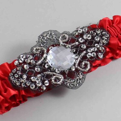 Red Satin with Black Wedding Garter / Red Wedding Garters / Bijou # (299-299)-01-A02-Black
