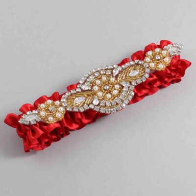 Red Satin with Gold Wedding Garter / Red Wedding Garters / Charlotte # (299-299)-01-A05-Gold