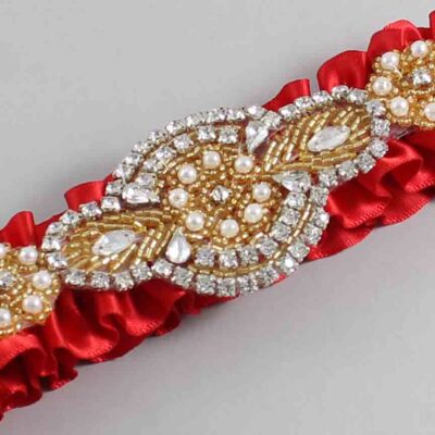 Red Satin with Gold Wedding Garter / Red Wedding Garters / Charlotte # (299-299)-01-A05-Gold