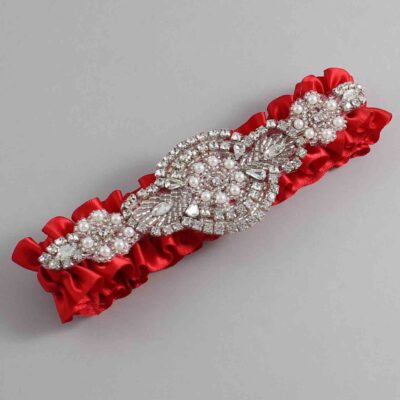 Red Satin Wedding Garter / Solid Red Wedding Garters / Charlotte # (299-299)-01-A06-Silver